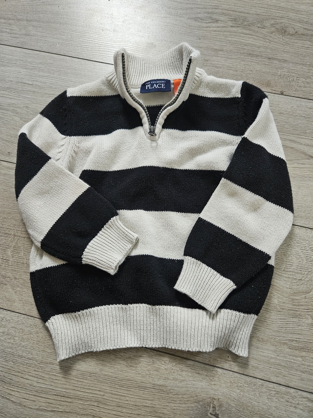 The Children's Place Boys Black Cream Striped Quarter Zip Knit Sweater 3T